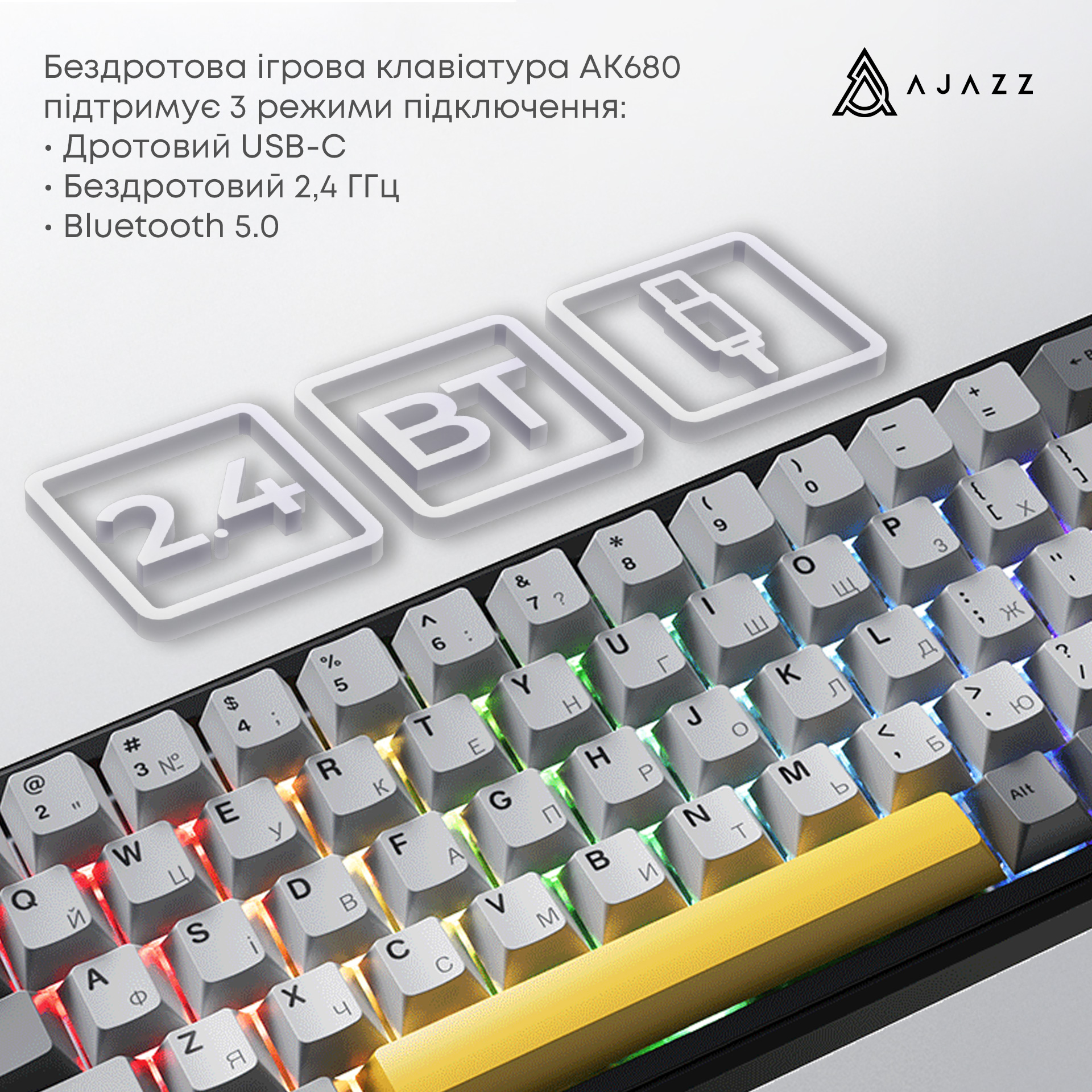 Клавіатура бездротова AJAZZ AK680 Max Wireless (8+8K) Black/Gray/Yellow