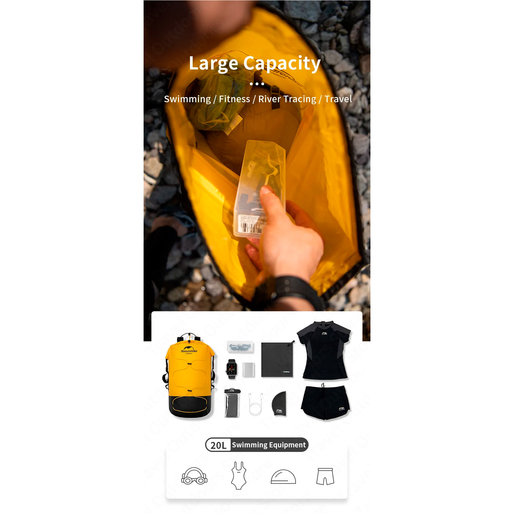 Герморюкзак NATUREHIKE NH21FSB04 Dry and Wet Separation Waterproof Backpack 40L Yellow (6927595788257)