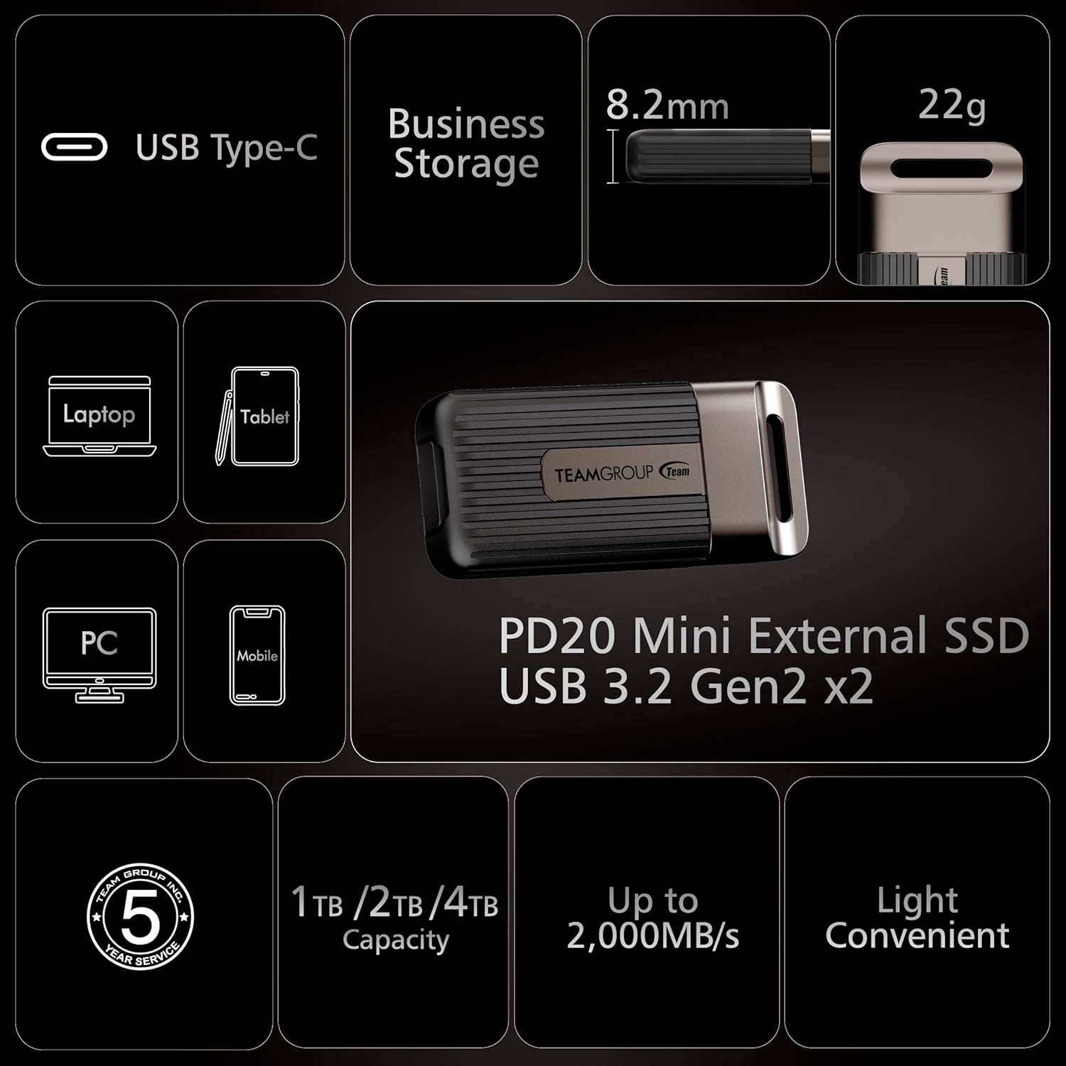 Портативний SSD диск TEAM PD20 Mini 4TB USB3.2 Gen2x2 (TPSEG5004T0C102)