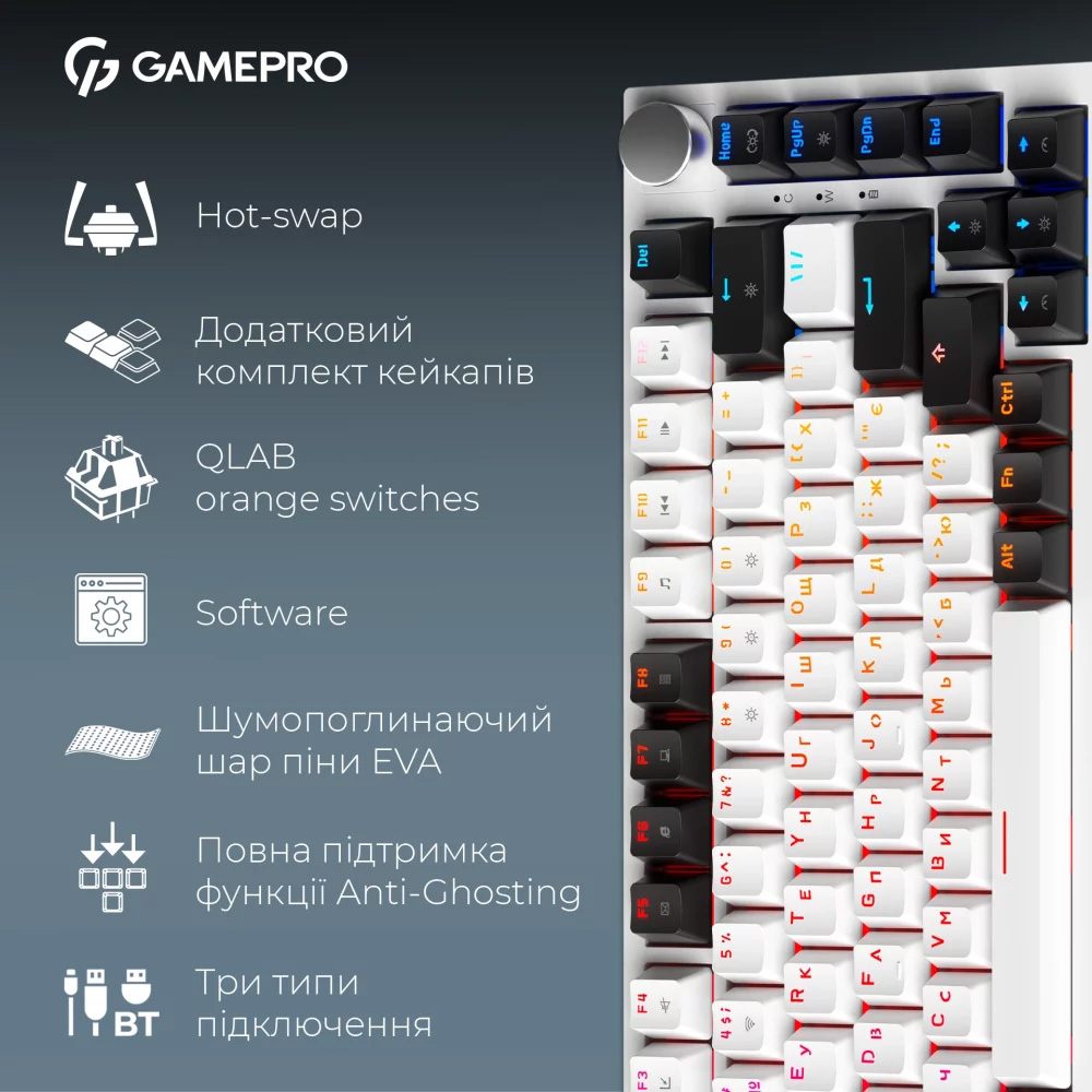 Клавиатура беспроводная GAMEPRO Asgard Valhalla MK160W Pro QLAB Orange Switch White