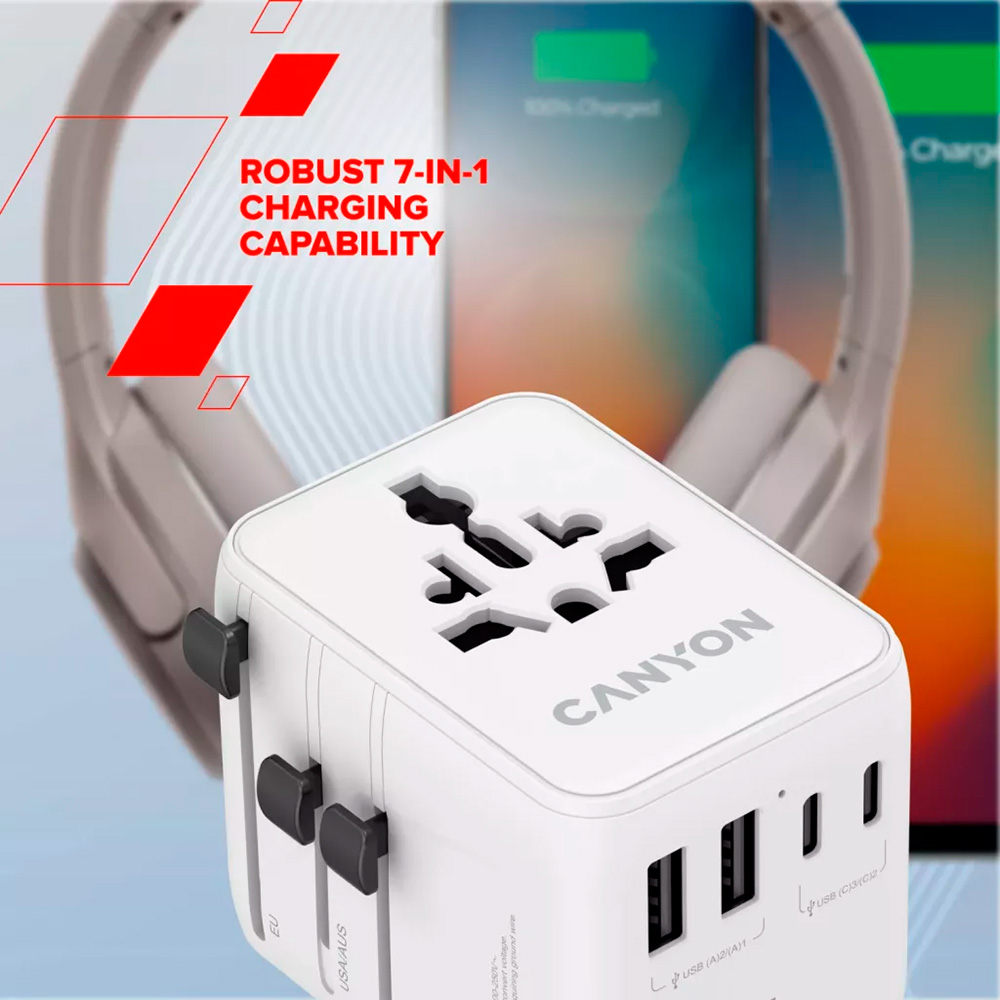 Універсальний зарядний пристрій CANYON OnTour 70 GaN III Universal Travel Adapter White (CNS-TA70W1006W)