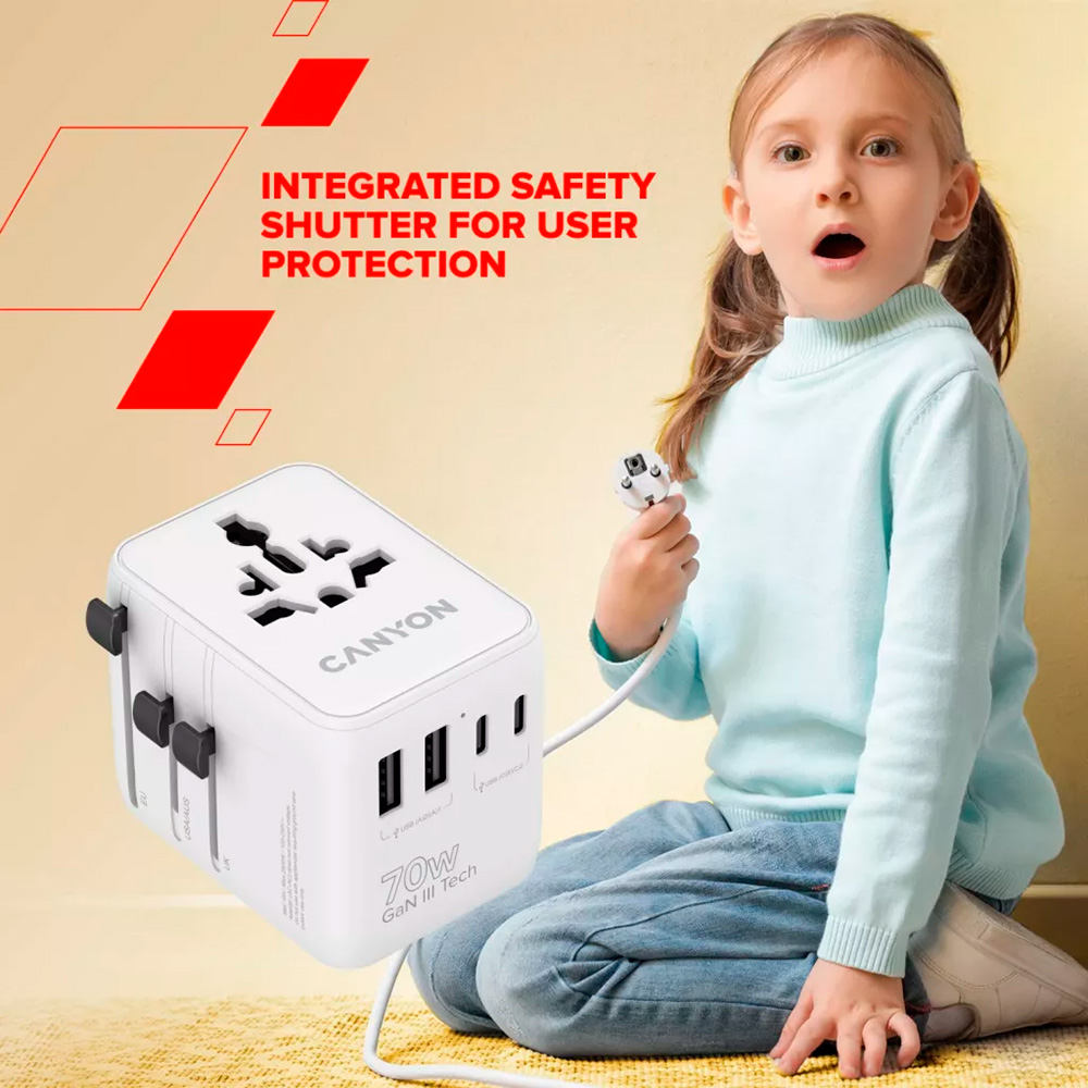 Універсальний зарядний пристрій CANYON OnTour 70 GaN III Universal Travel Adapter White (CNS-TA70W1006W)
