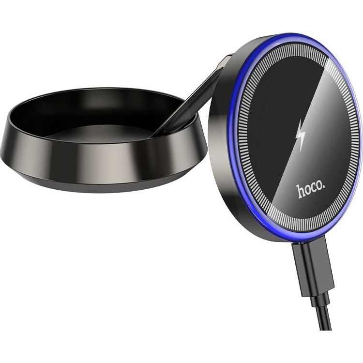 Автотримач з бездротовою зарядкою HOCO HW33 Metal Ring Magnetic Wireless Fast Charging Car Holder Center Console Metal Gray