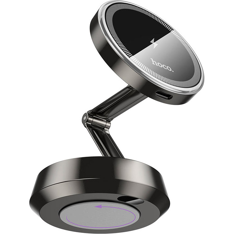 Автотримач з бездротовою зарядкою HOCO HW33 Metal Ring Magnetic Wireless Fast Charging Car Holder Center Console Metal Gray