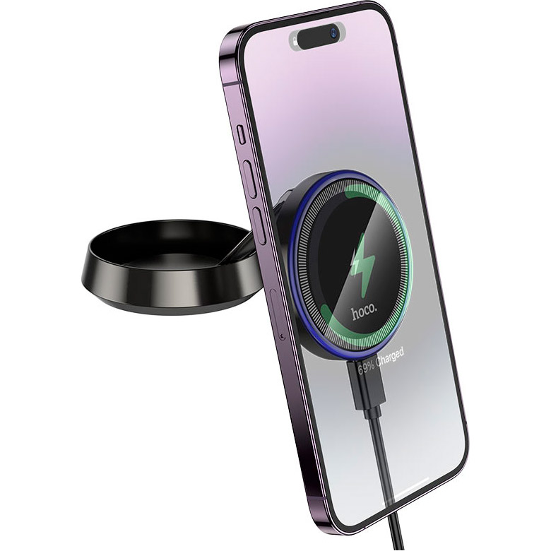 Автотримач з бездротовою зарядкою HOCO HW33 Metal Ring Magnetic Wireless Fast Charging Car Holder Center Console Metal Gray