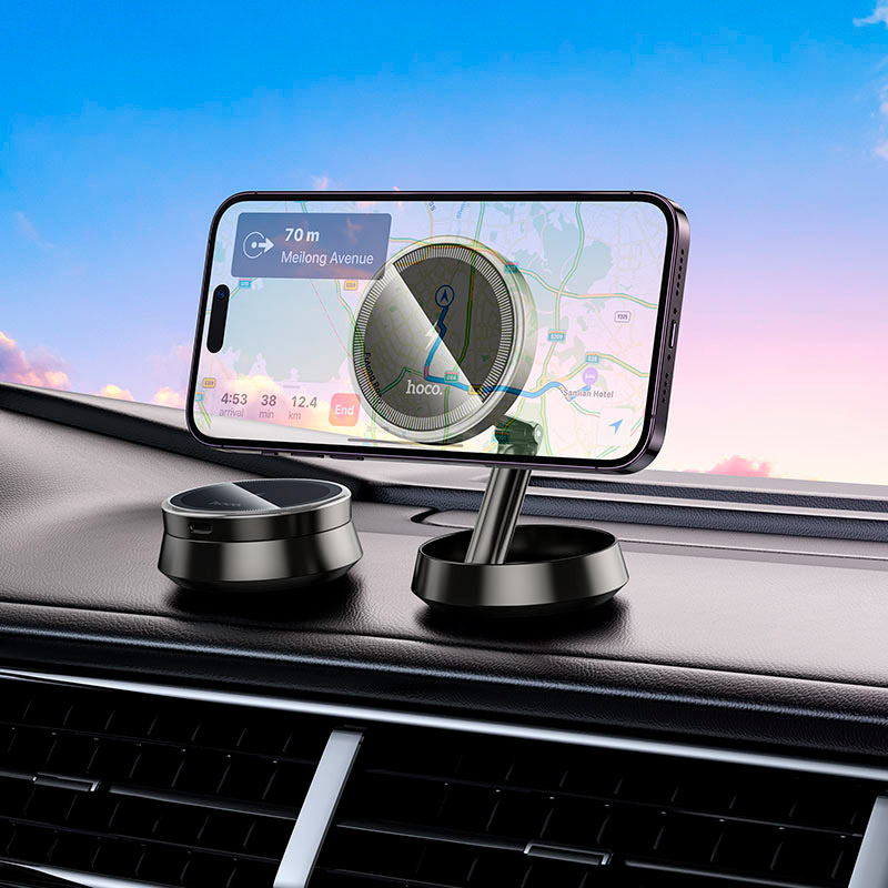 Автотримач з бездротовою зарядкою HOCO HW33 Metal Ring Magnetic Wireless Fast Charging Car Holder Center Console Metal Gray
