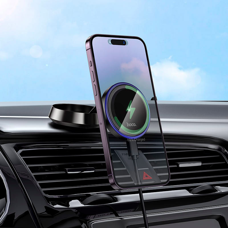 Автотримач з бездротовою зарядкою HOCO HW33 Metal Ring Magnetic Wireless Fast Charging Car Holder Center Console Metal Gray