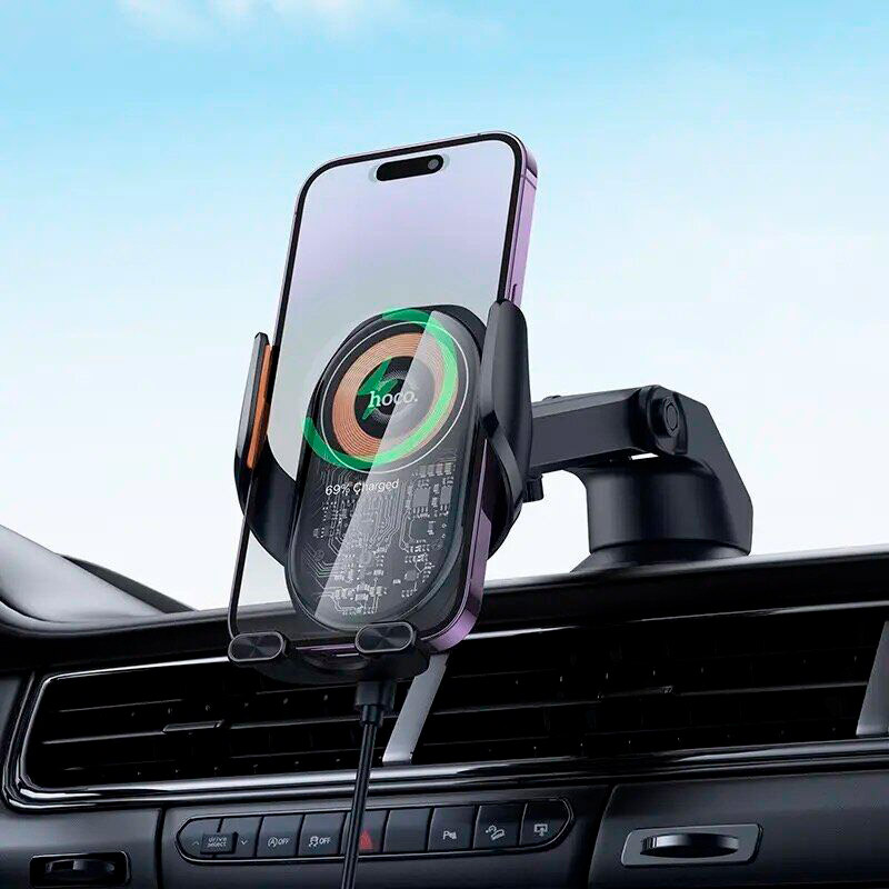 Автотримач з бездротовою зарядкою HOCO HW34 Blue Whale 3-axis Linkage Wireless Fast Charging Car Holder Center Console Black