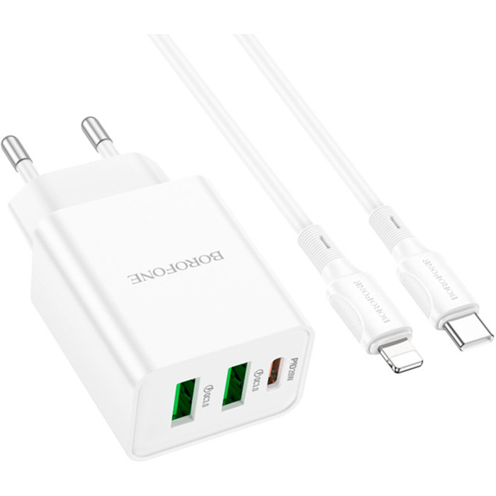 Зарядное устройство BOROFONE BA70A Quick 1xUSB-C, 2xUSB-A, PD20W, QC3.0 18W White w/Type-C to Lightning cable