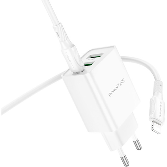 Зарядное устройство BOROFONE BA70A Quick 1xUSB-C, 2xUSB-A, PD20W, QC3.0 18W White w/Type-C to Lightning cable