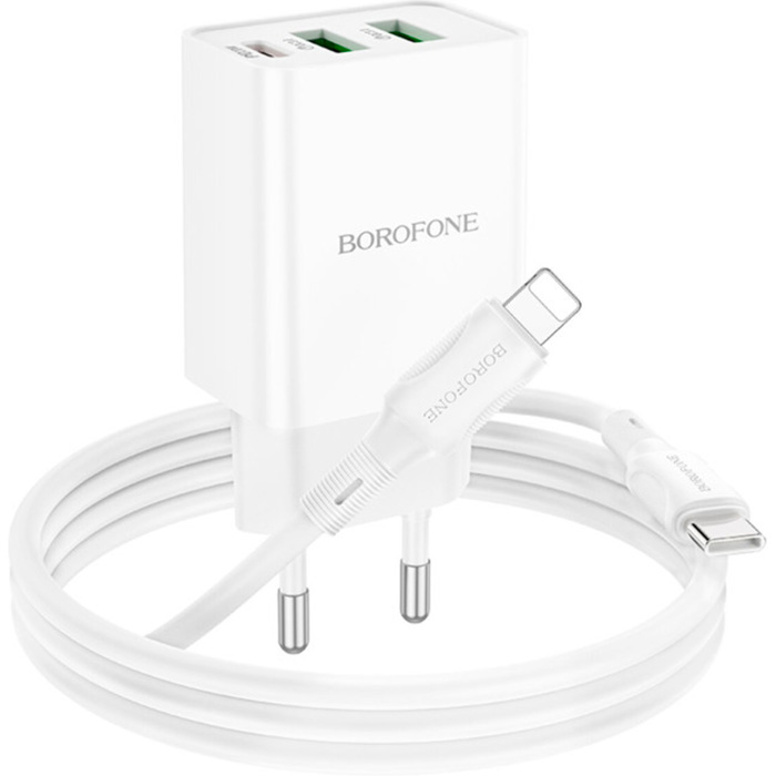 Зарядное устройство BOROFONE BA70A Quick 1xUSB-C, 2xUSB-A, PD20W, QC3.0 18W White w/Type-C to Lightning cable