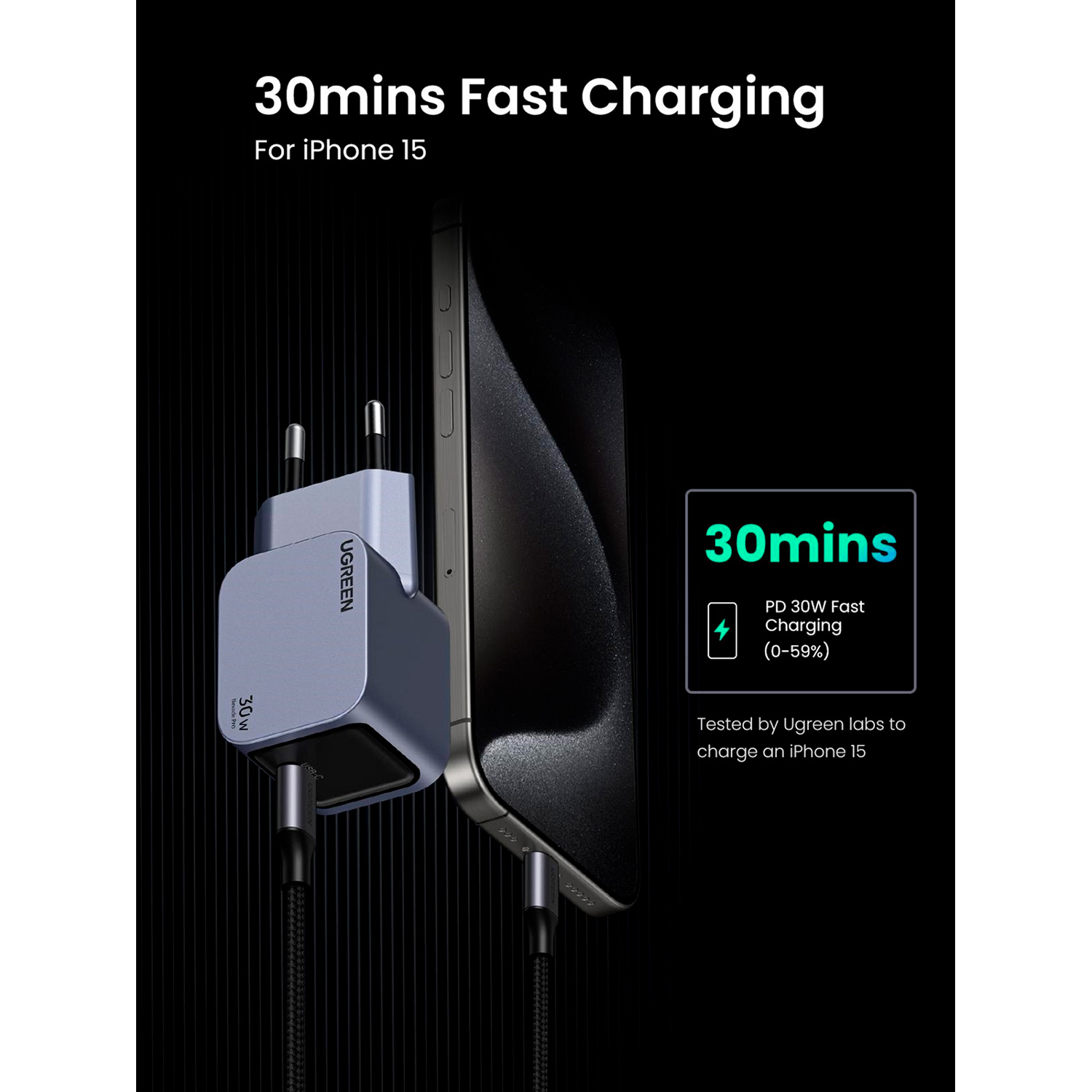 Зарядний пристрій UGREEN X703 Nexode Pro 30W 1xUSB-C, PD3.0, QC4.0 GaN Wall Charger Gray (35006)