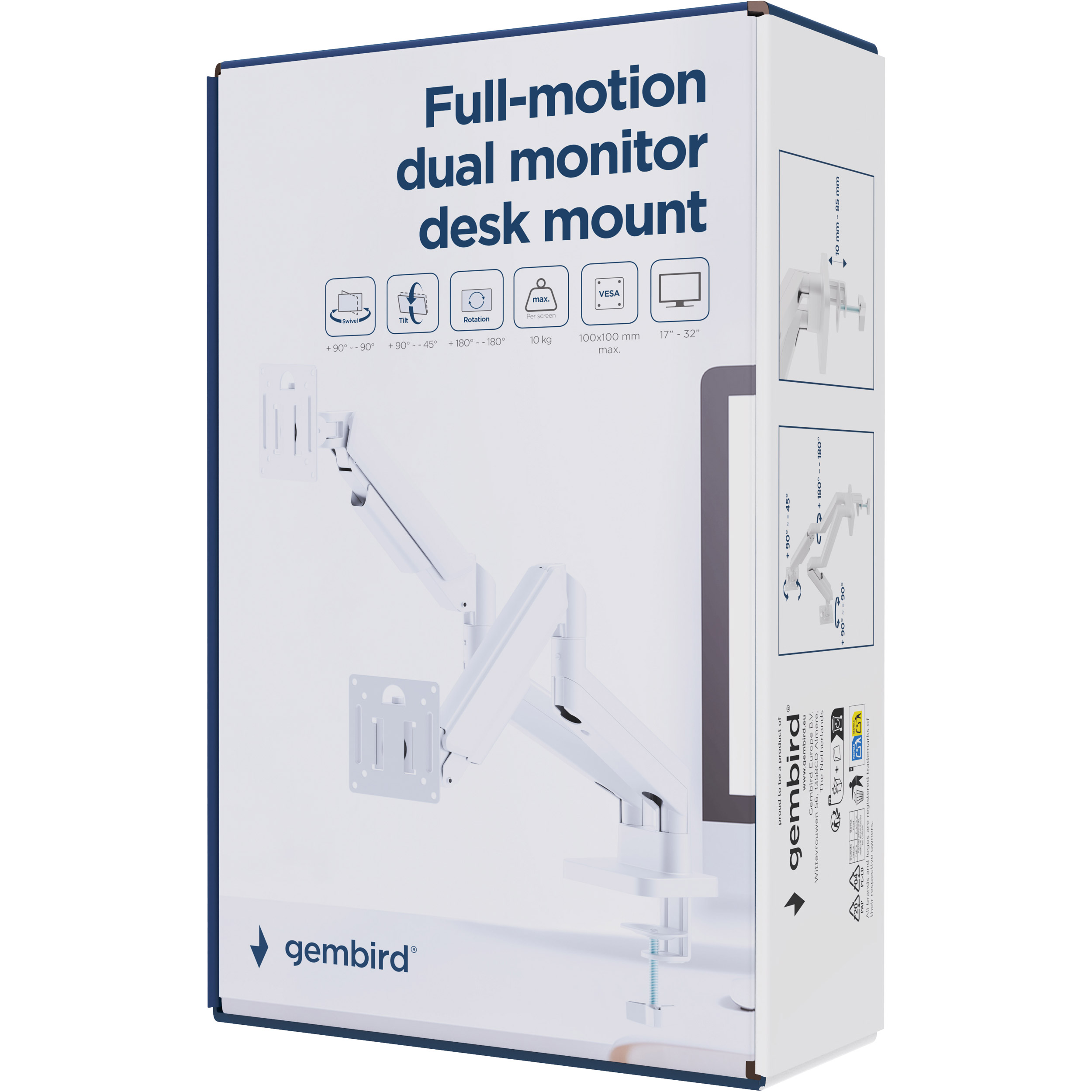 Крепление настольное для 2-х мониторов GEMBIRD MA-DA2-06-W 17"-32" White