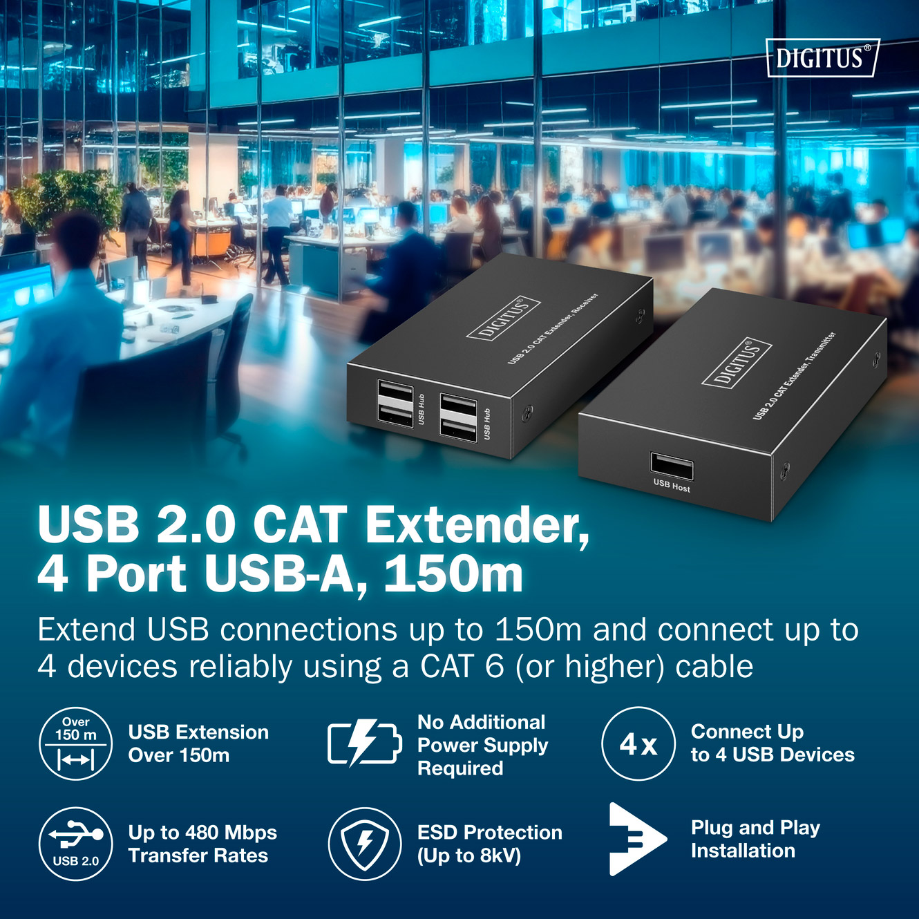 Подовжувач USB по кручений парі DIGITUS USB 2.0 CAT Extender, до 150м (DA-73120)