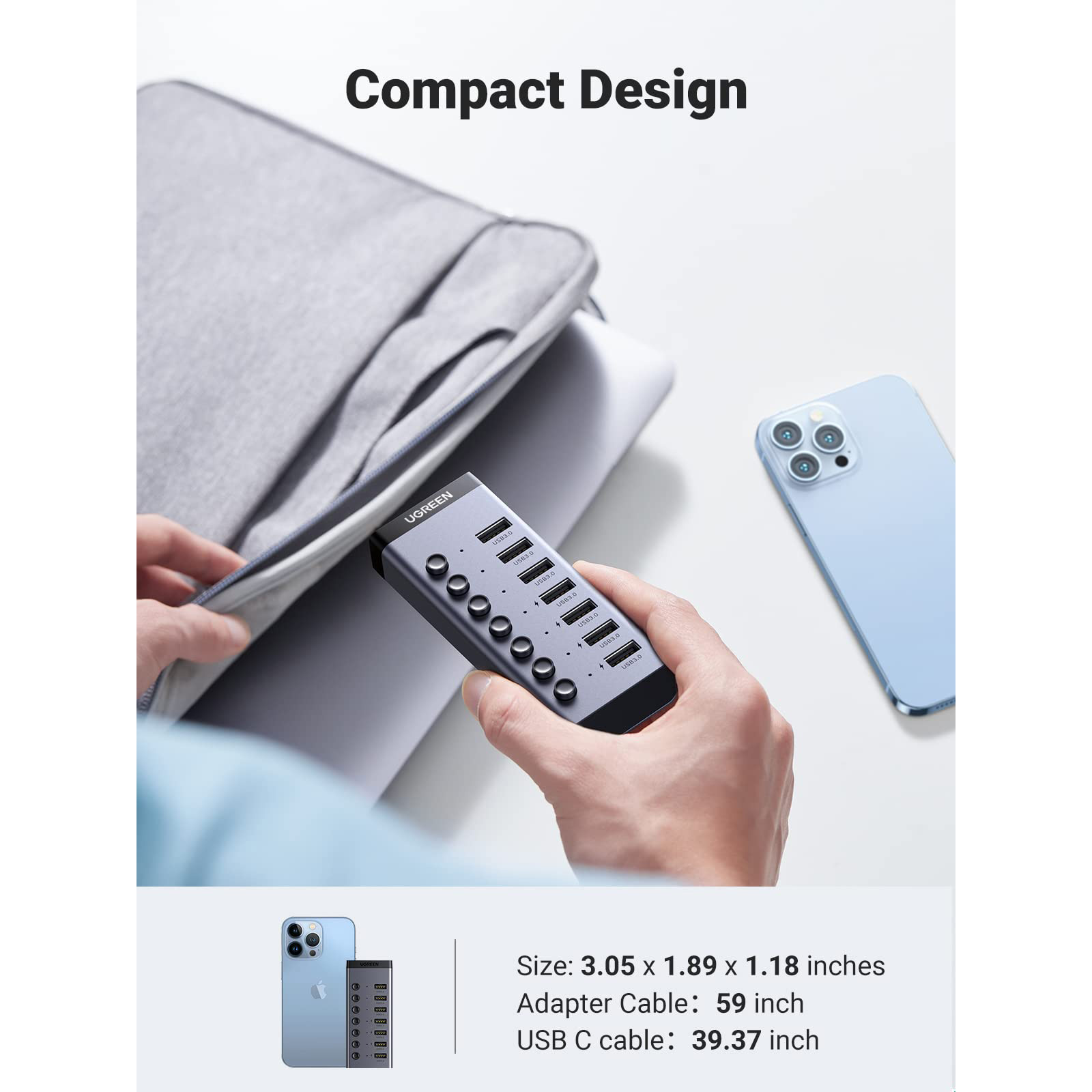 USB-хаб із вимикачами UGREEN CM481 USB-C to 7-Port USB3.0 Hub Gray (90307)