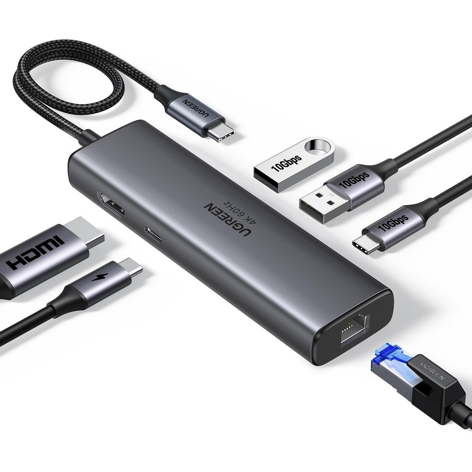 Порт-реплікатор UGREEN CM512 6-in-1 USB-C to HDMI + 2xUSB 3.2 + USB-C 3.2 + RJ45 + PD Gray (45000)