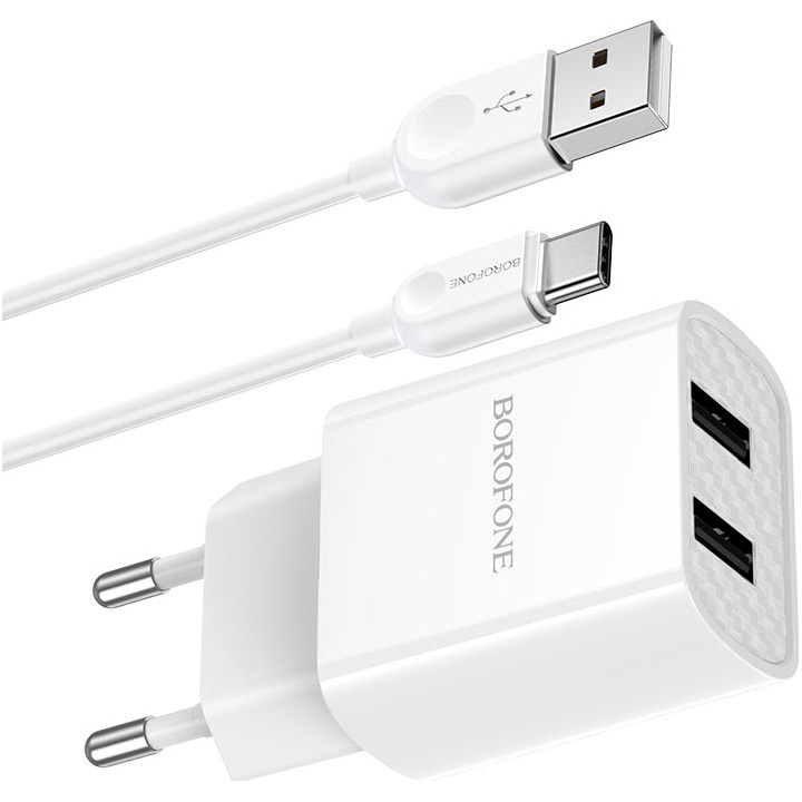 Зарядное устройство BOROFONE BA53A Powerway 2xUSB-A, 2.1A White w/Type-C cable