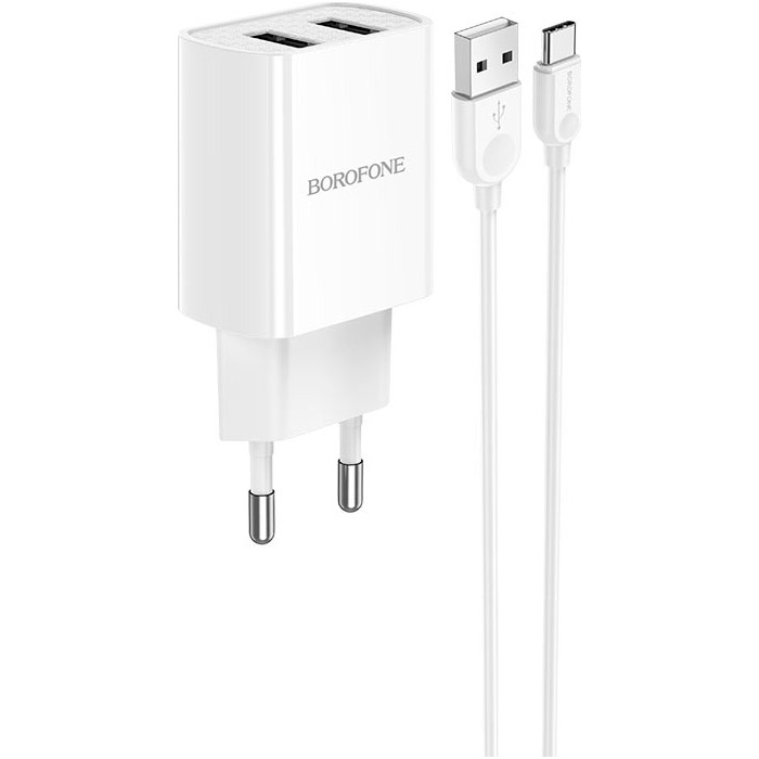 Зарядное устройство BOROFONE BA53A Powerway 2xUSB-A, 2.1A White w/Type-C cable
