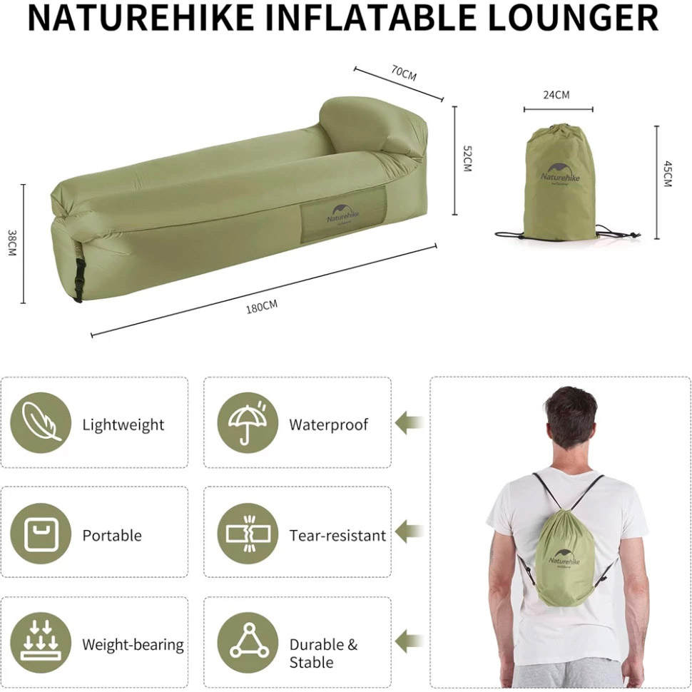 Ламзак NATUREHIKE NH20FCD06 Air Sofa Camping 180x70 оливковий (6927595777053)