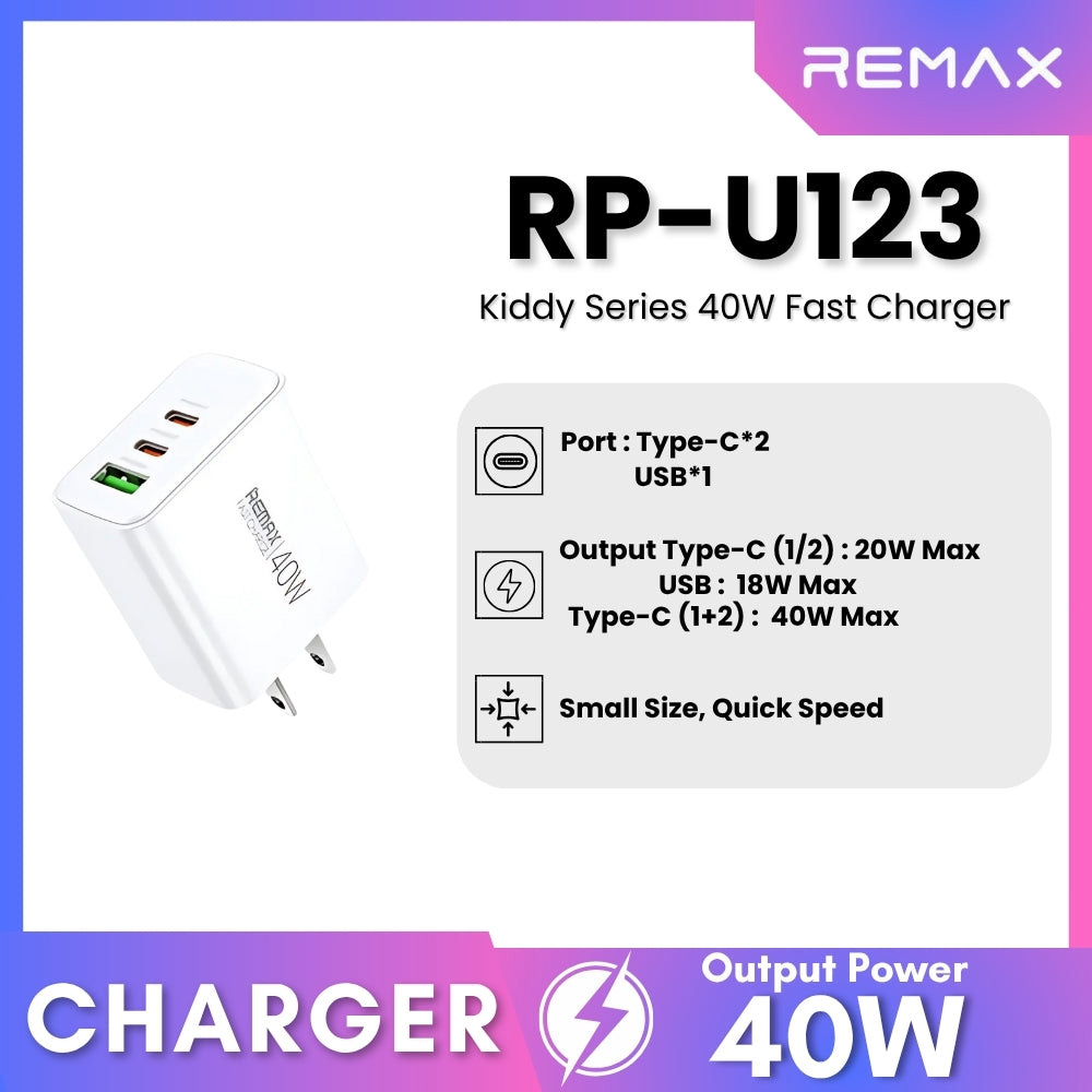 Зарядний пристрій REMAX RP-U123 Kiddy Series 1xUSB-A, 2xUSB-C, PD40W, QC4.0 White