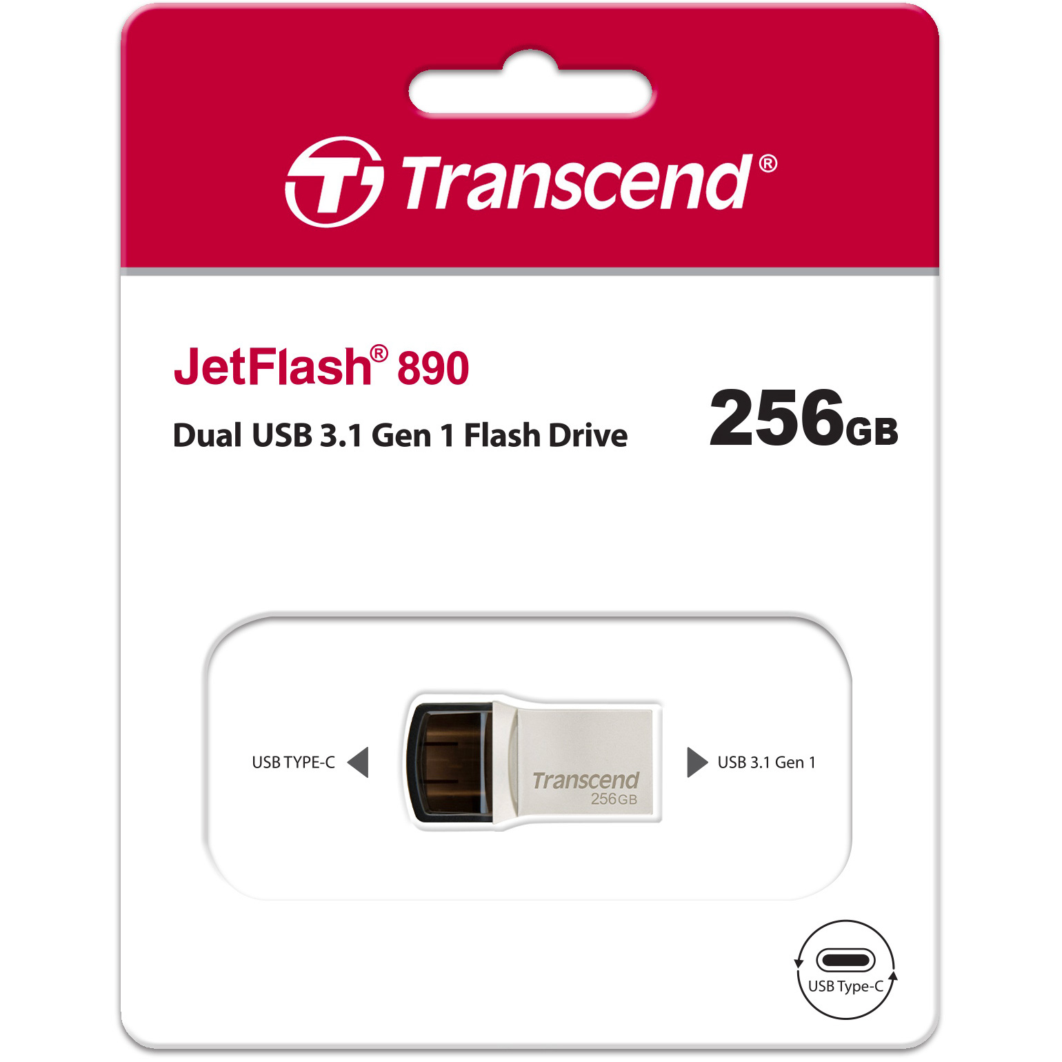 Флэшка 256GB TRANSCEND JetFlash 890 USB 3.1 Type-C/USB-A (TS256GJF890S)