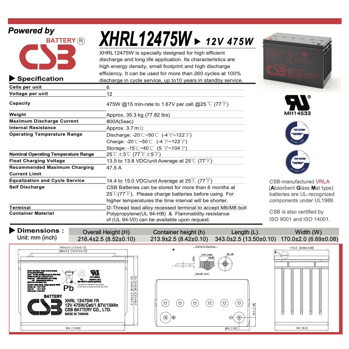 Акумуляторна батарея CSB XHRL 12475W FR (12В, 118.8Агод)