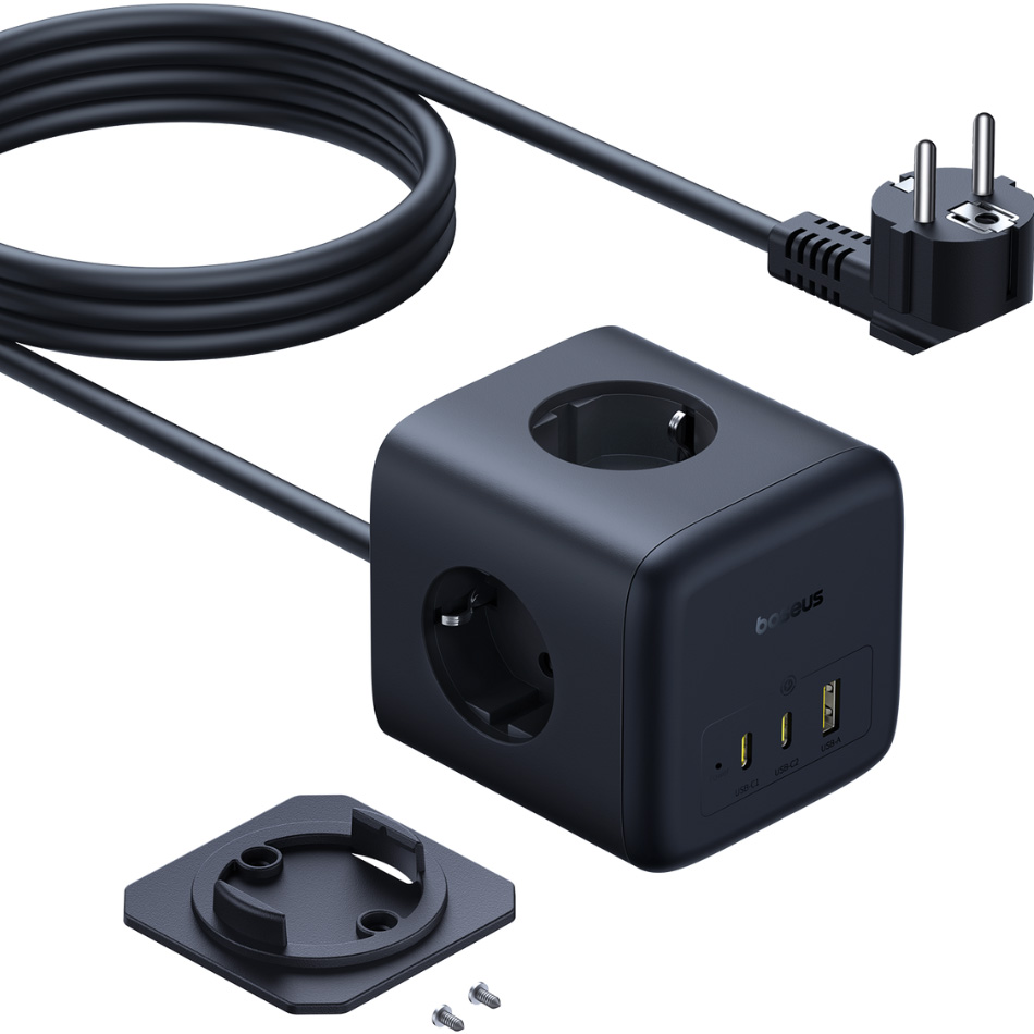 Сетевой фильтр BASEUS EnerFill FA11 6-in-1 Charging Station 67W Black, 3 розетки, 2xUSB-C, 1xUSB, 1.5м