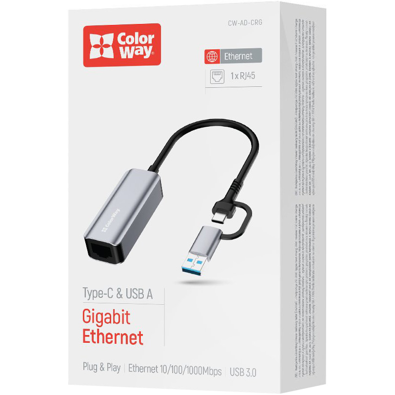 Мережевий адаптер COLORWAY USB-C/A 3.0 to RJ-45 Gigabit Ethernet