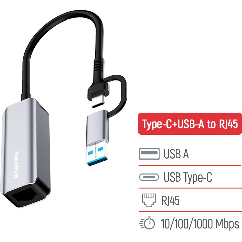 Мережевий адаптер COLORWAY USB-C/A 3.0 to RJ-45 Gigabit Ethernet