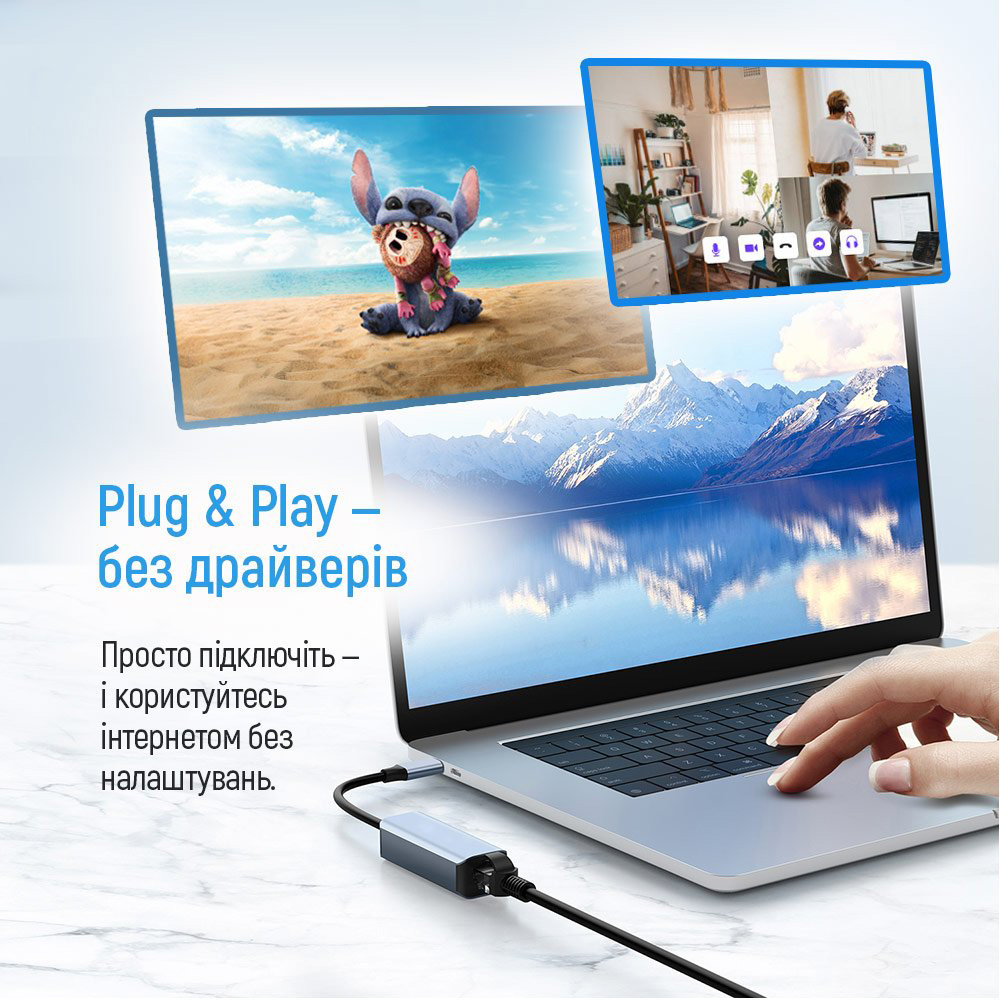 Мережевий адаптер COLORWAY USB-C/A 3.0 to RJ-45 Gigabit Ethernet