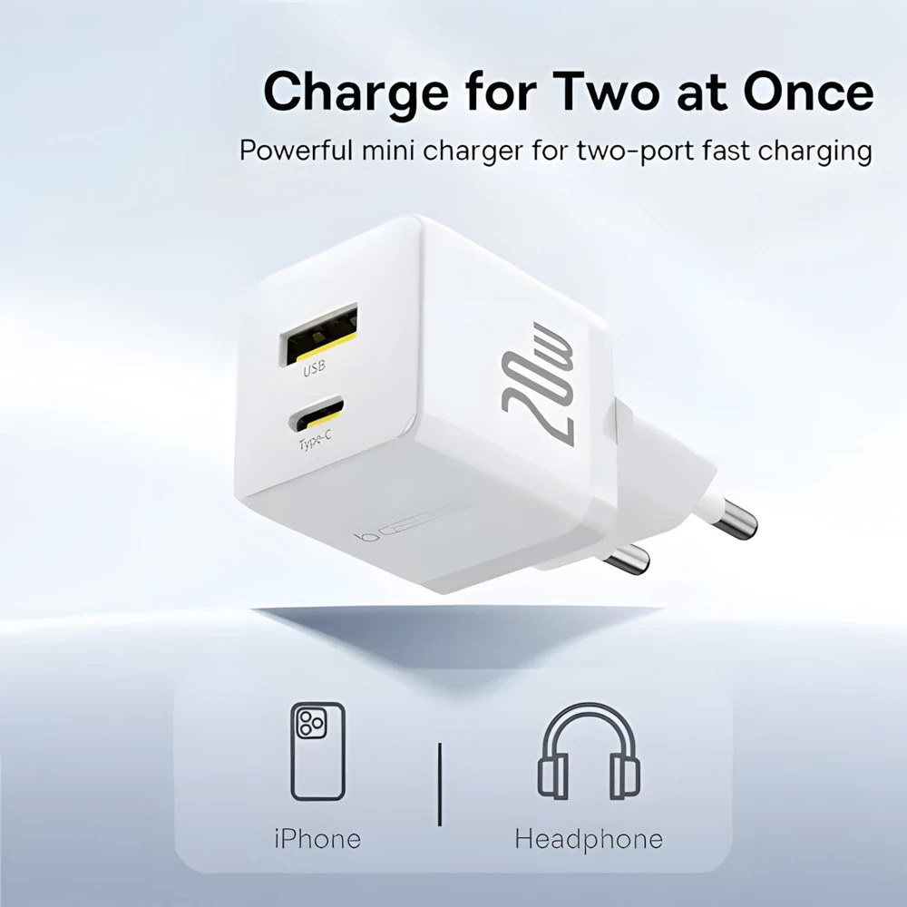 Зарядний пристрій BASEUS Palm Fast Charger C+U 20W EU White w/Type-C cable (P10111608213-01)