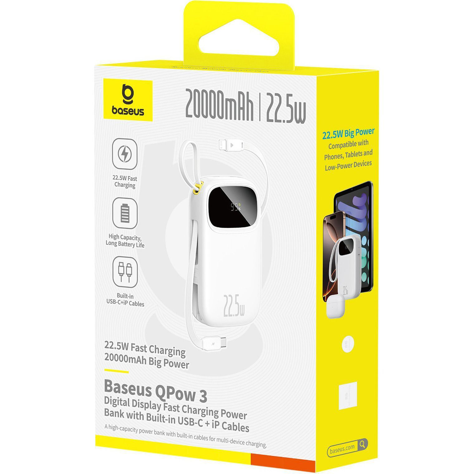 Повербанк BASEUS EnerFill FC31 QPow3 Digital Display with 2 Built-in Cables 22.5W 20000mAh Moon White (P10082107213-00)