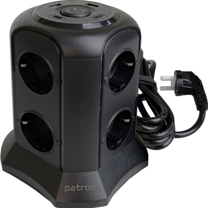 Мережевий фільтр PATRON SP-1683-USBT Black, 8 розеток, 2xUSB-C, 2xUSB, 3м