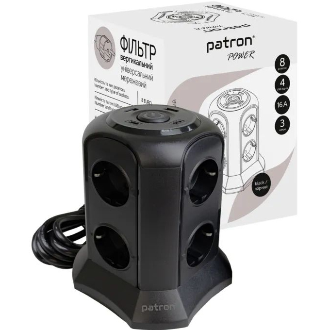 Мережевий фільтр PATRON SP-1683-USBT Black, 8 розеток, 2xUSB-C, 2xUSB, 3м