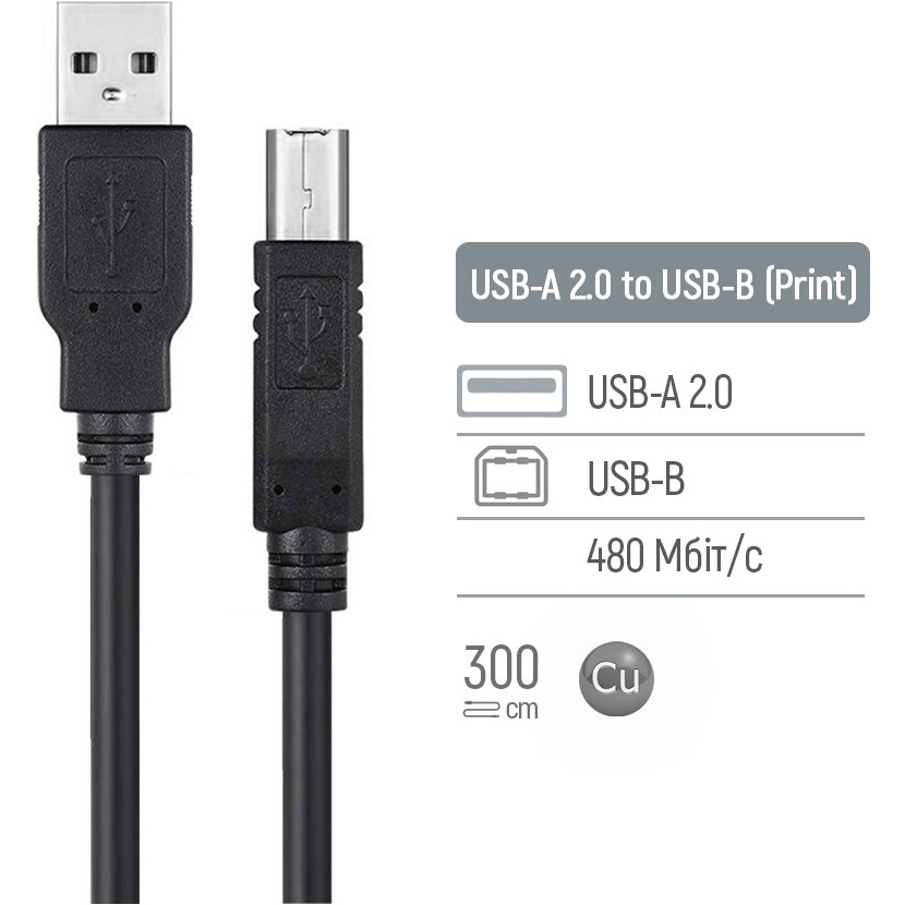 Кабель COLORWAY USB 2.0 AM to BM 3м Black (CW-CBUB073-BK)