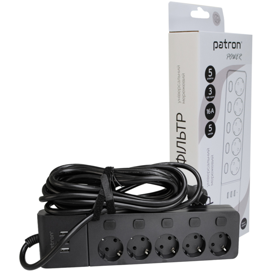 Мережевий фільтр PATRON SP-1655-USB Black, 5 розеток, 3xUSB, 5м