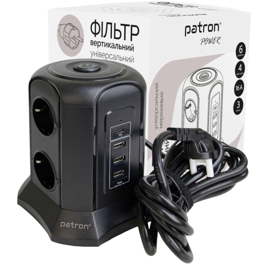Сетевой фильтр PATRON SP-1663-USBT Black, 6 розеток, 1xUSB-C, 3xUSB, 3м