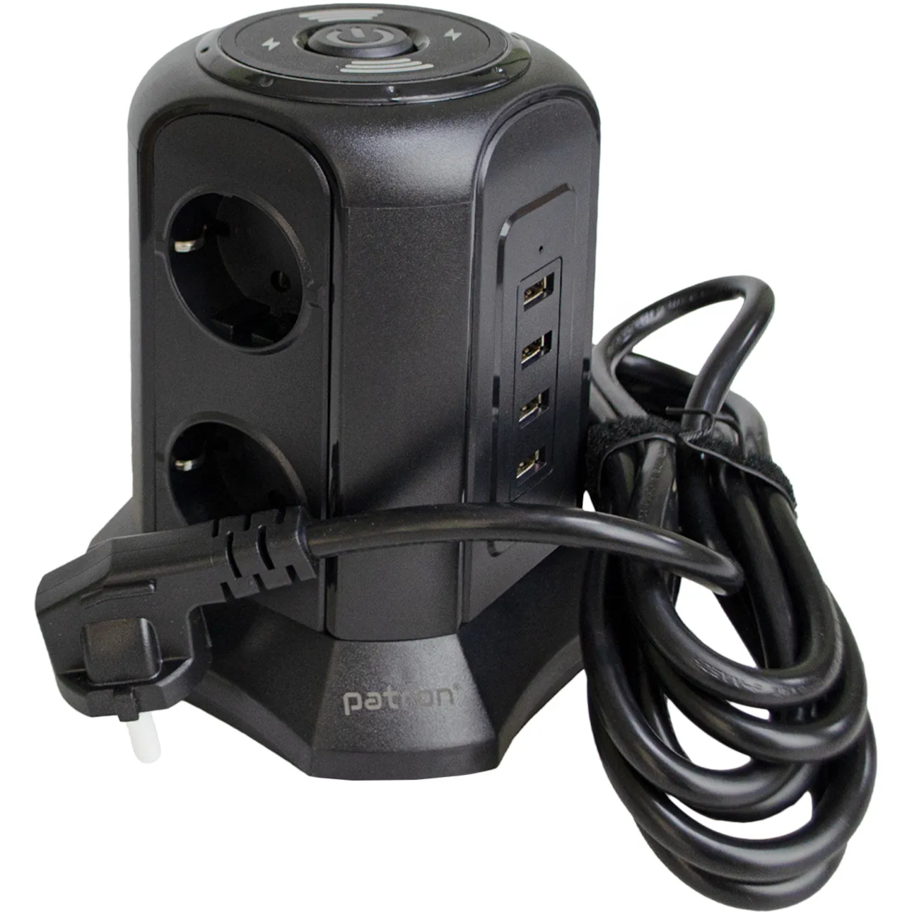 Сетевой фильтр с беспроводной зарядкой PATRON SP-1663-USBTW Black, 6 розеток, 4xUSB, 3м