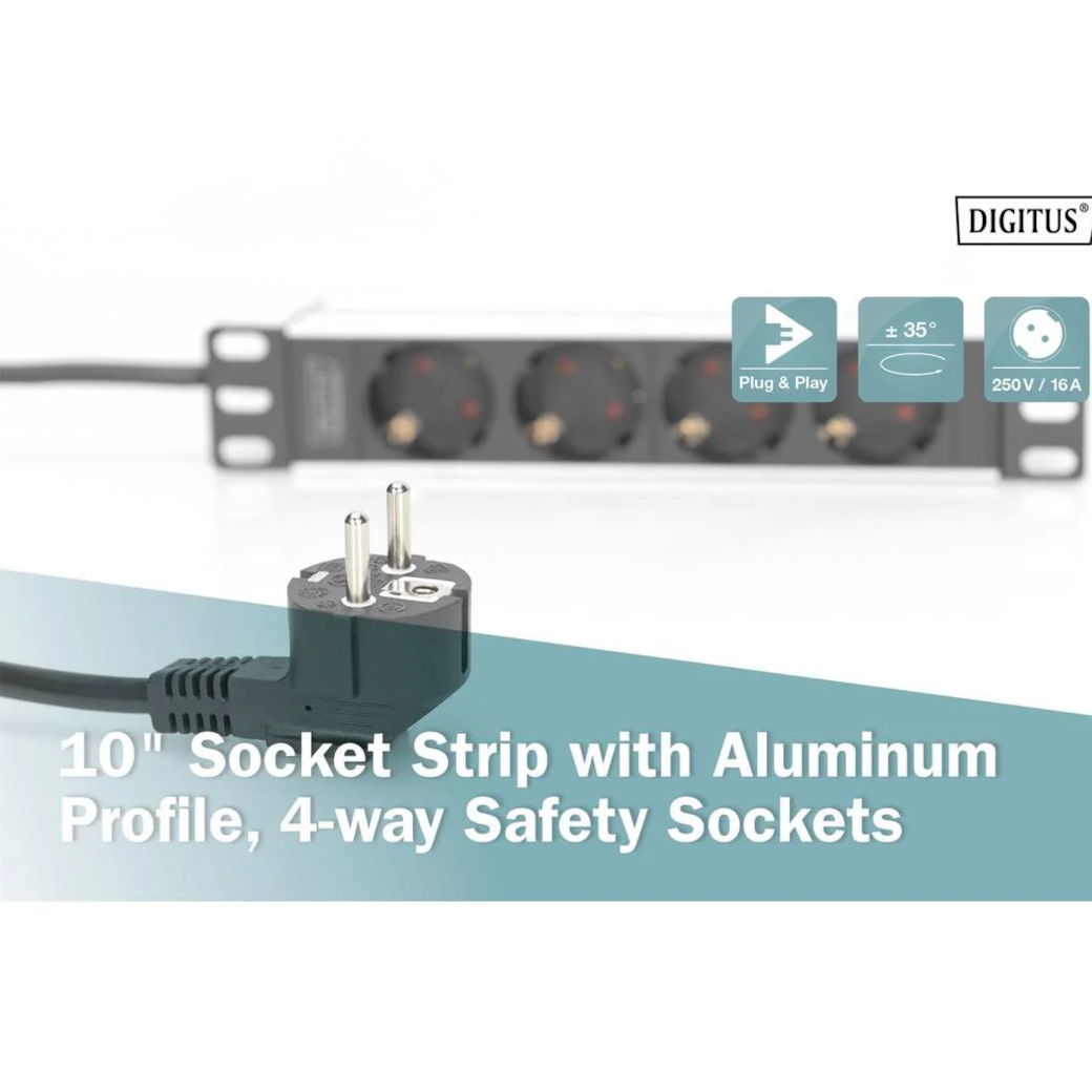 Блок розеток DIGITUS 10", 1U, 4xSchuko, 16А, без вимикача, 2м (DN-95418)