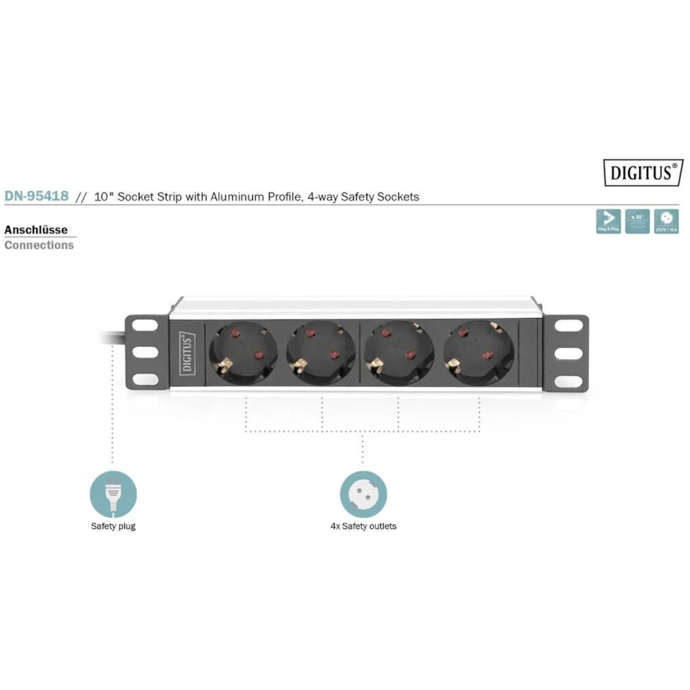 Блок розеток DIGITUS 10", 1U, 4xSchuko, 16А, без вимикача, 2м (DN-95418)