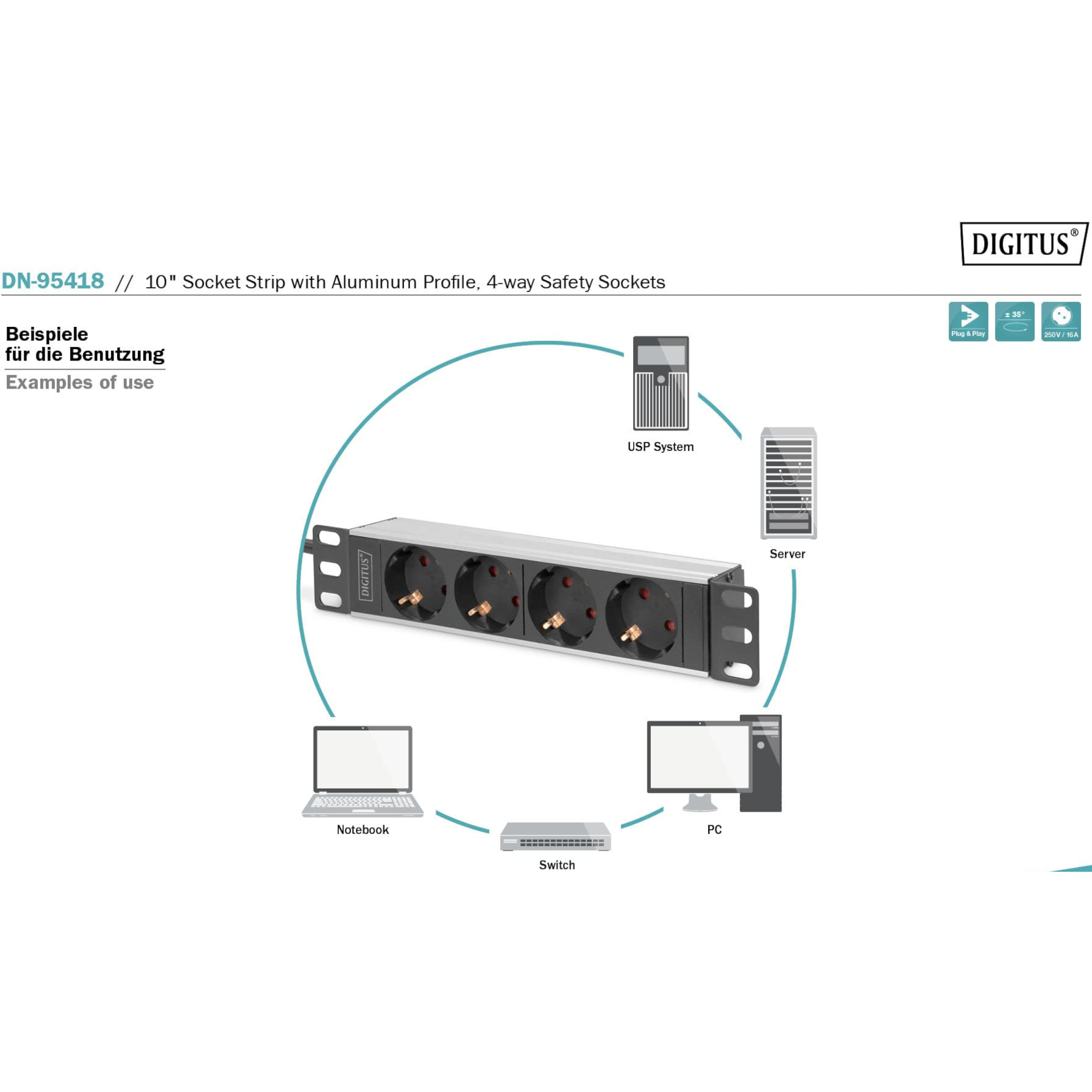 Блок розеток DIGITUS 10", 1U, 4xSchuko, 16А, без вимикача, 2м (DN-95418)
