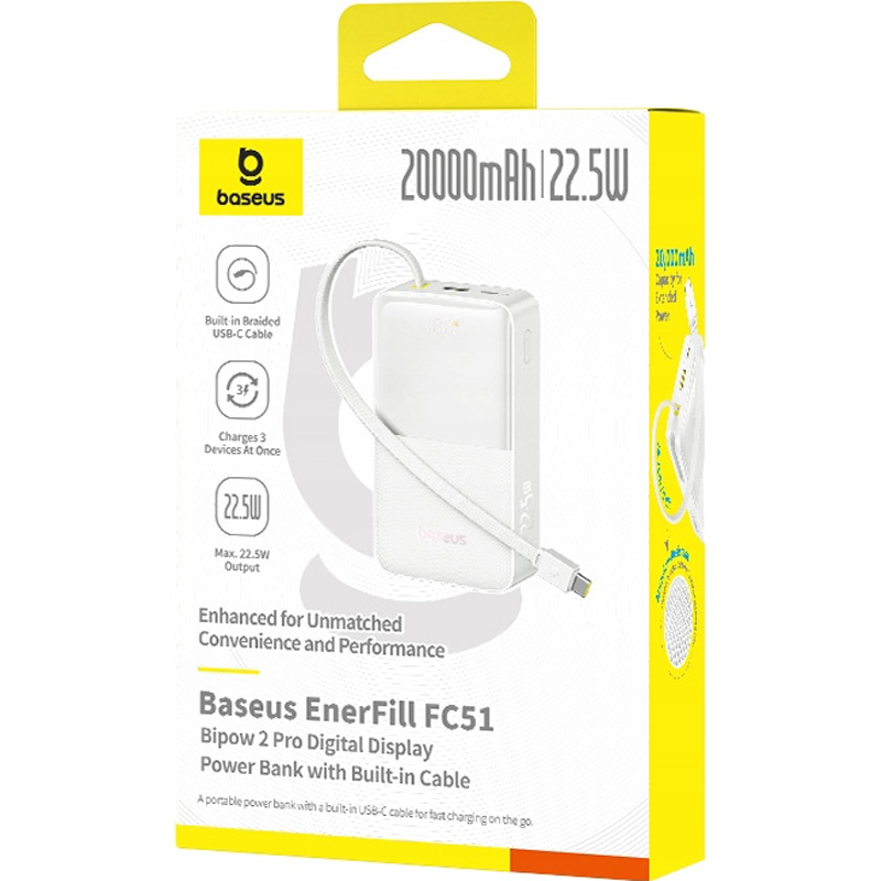 Повербанк BASEUS EnerFill FC51 Bipow2 Pro Digital Display with Built-in Cable 22.5W 20000mAh White (E0027700)