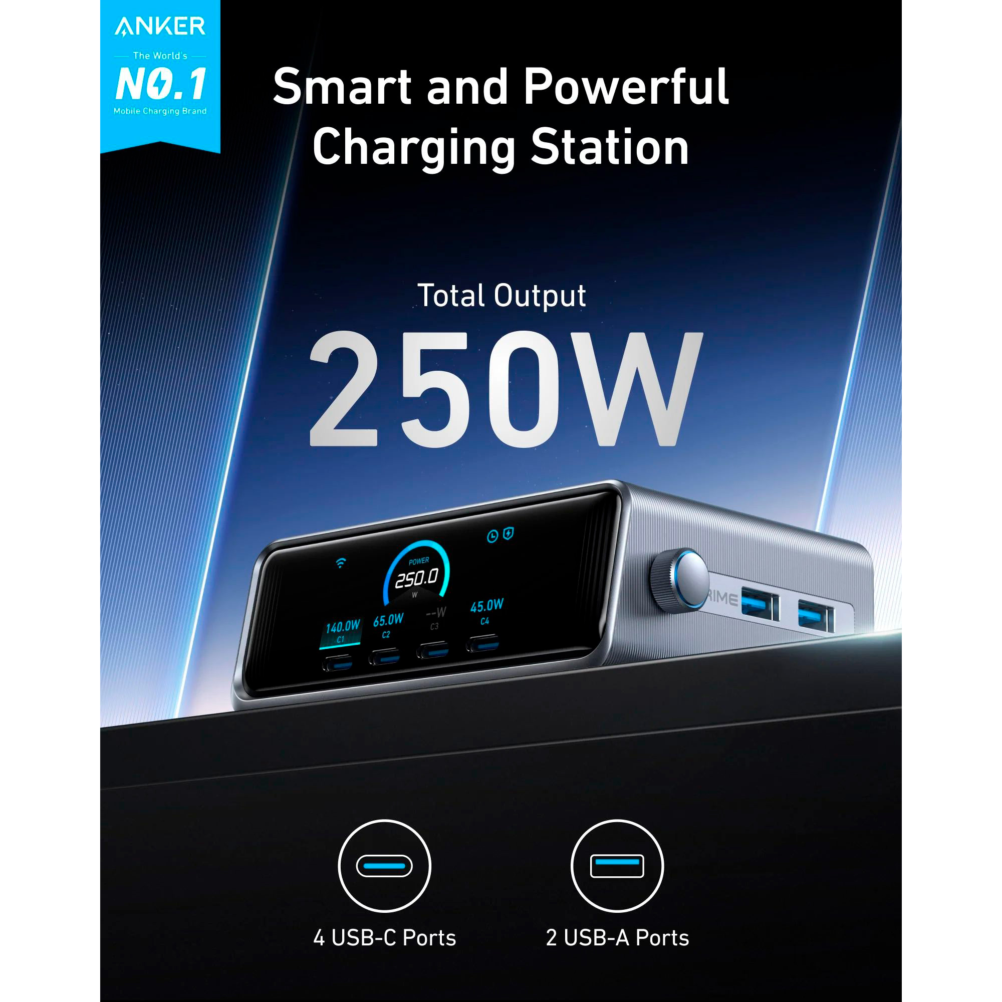 Зарядна станція ANKER Prime 250W 2xUSB-A, 4xUSB-C GaNPrime + PowerIQ 4.0 Black (A2345341)