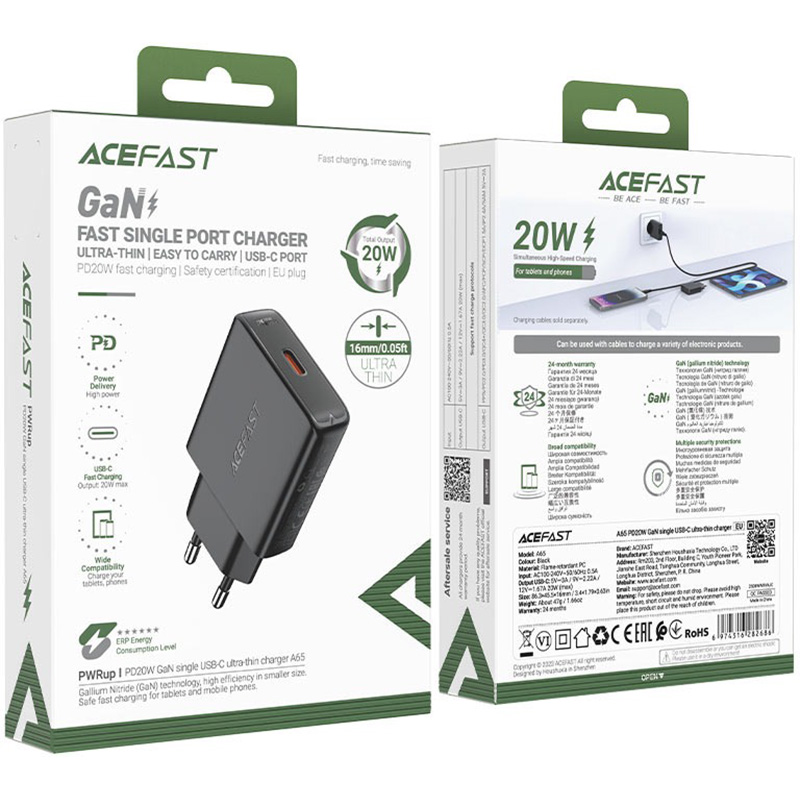 Зарядний пристрій ACEFAST A65 Fast Charge Wall Charger GaN PD20W (1xUSB-C) Black
