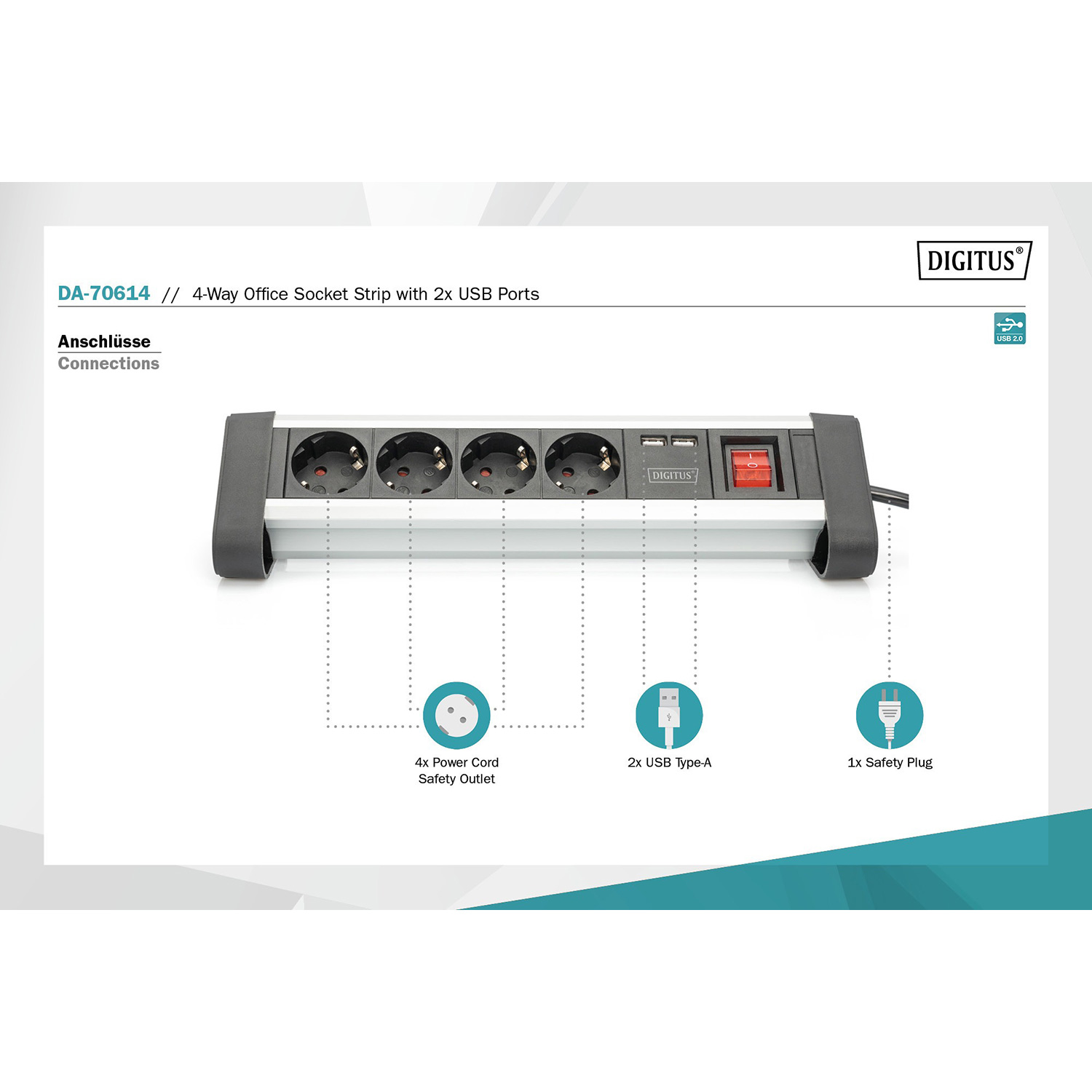 Мережевий фільтр DIGITUS 4-Way Socket Stripe Black, 4 розетки, 2xUSB, 1.5м (DA-70614)