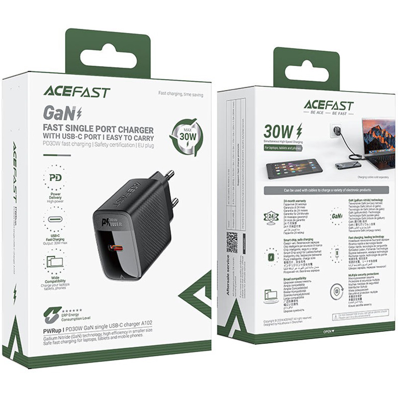Зарядное устройство ACEFAST A102 Fast Charge Wall Charger GaN PD30W (1xUSB-C) Black