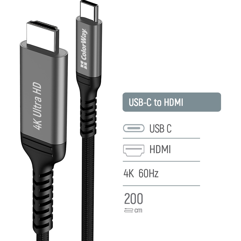 Кабель COLORWAY 4K@60Hz USB-C to HDMI v2.0 2м Black (CW-CBCHD077-BK)