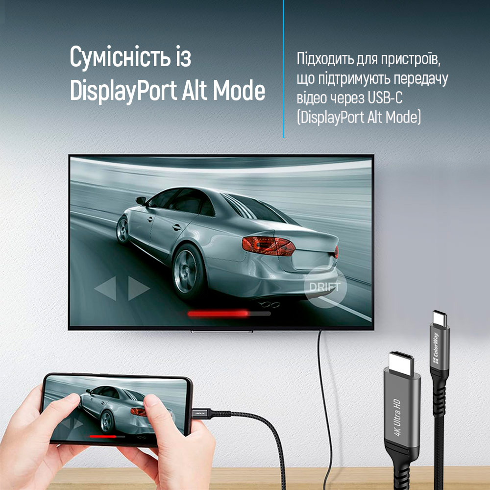 Кабель COLORWAY 4K@60Hz USB-C to HDMI v2.0 2м Black (CW-CBCHD077-BK)