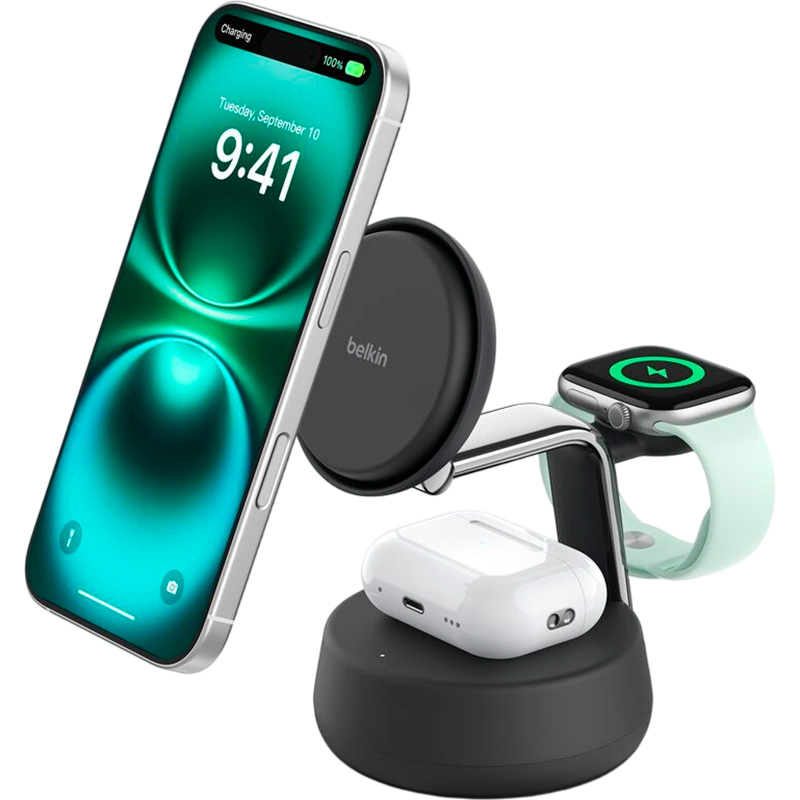 Бездротовий зарядний пристрій BELKIN UltraCharge Pro 3-in-1 Magnetic Charging Dock Qi2 25W Charcoal (WIZ040KQCH)