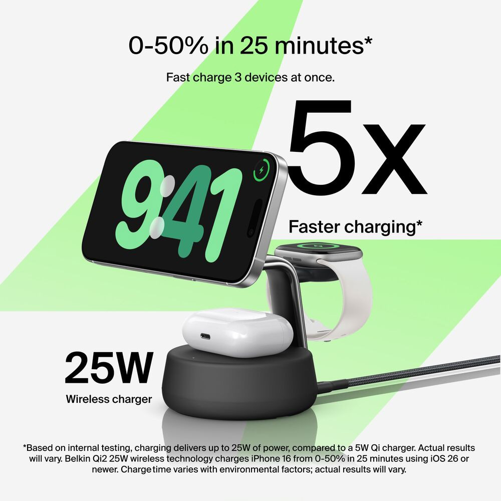 Бездротовий зарядний пристрій BELKIN UltraCharge Pro 3-in-1 Magnetic Charging Dock Qi2 25W Charcoal (WIZ040KQCH)